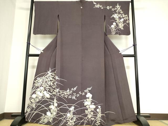 平和屋着物▽訪問着　単衣　駒刺繍　草花文　鬼しぼ縮緬　正絹　逸品　DAAX3010az