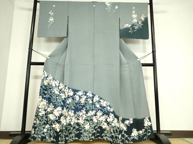 平和屋着物▽訪問着　単衣　駒刺繍　草花文　暈し染め　金彩　正絹　逸品　DAAX3037az