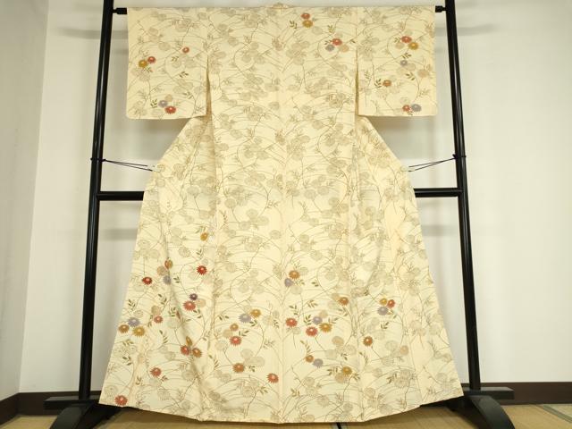 平和屋着物▽訪問着　単衣　駒刺繍　草花文　金彩　伊と幸　反端付き　正絹　逸品　未使用　DAAX3094az