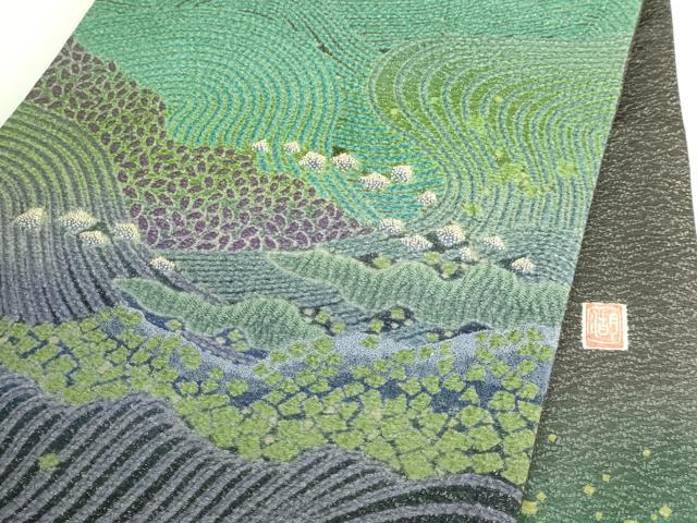 平和屋着物■極上　十日町　名門　滝泰謹製　太鼓柄袋帯　襲絞り　相良刺繍　風景文　銀通し地　逸品　DZAB0248kh5