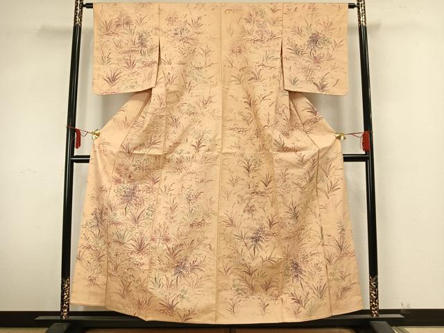 平和屋着物▽訪問着　単衣　紬地　手描き　草花文　正絹　逸品　AABA7796fy 平和屋着物▽訪問着 単衣 紬地 手描き 草花文 正絹 逸品 AABA7796fy