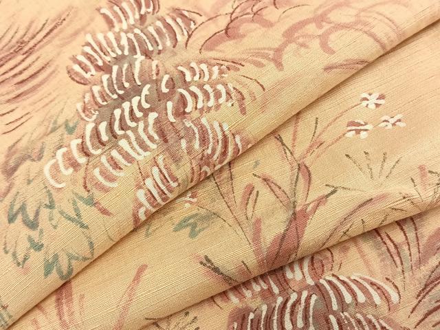 平和屋着物▽訪問着　単衣　紬地　手描き　草花文　正絹　逸品　AABA7796fy