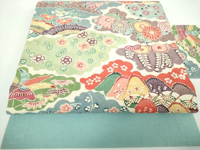 平和屋着物●九寸名古屋帯　型染　雲取り遠山花文　正絹　逸品　DAAX4343ps