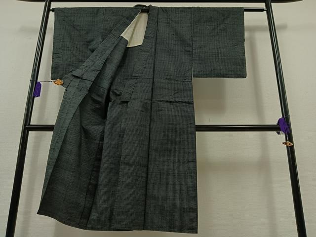 平和屋着物▽男性 紬 単衣 縞 黒地 正絹 逸品 AABB5236jh