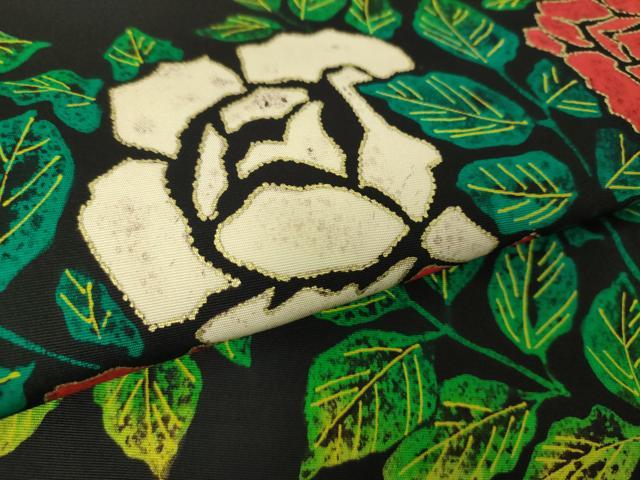 平和屋着物○塩瀬 九寸名古屋帯 作家物 薔薇 黒地 金彩 正絹 逸品