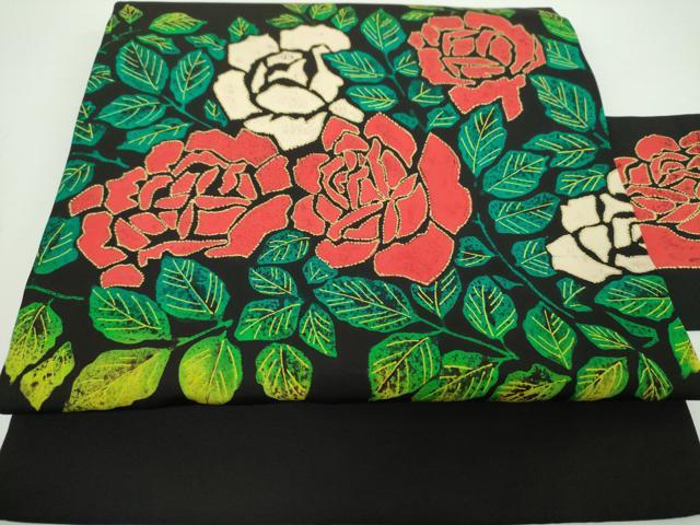 平和屋着物●塩瀬　九寸名古屋帯　作家物　薔薇　黒地　金彩　正絹　逸品　DAAX4805ps