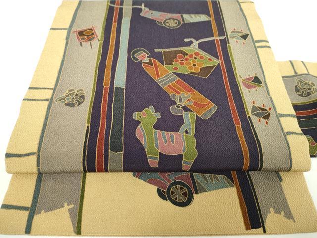 平和屋着物●全通柄九寸名古屋帯　玩具文様　鬼しぼ縮緬　金彩　正絹　逸品　DAAX4812ps
