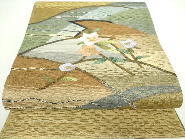 平和屋着物▽太鼓柄袋帯　スリーシーズン帯　春　夏　秋　すくい織　枝花文　金糸　正絹　逸品　未使用　DAAX4876ps