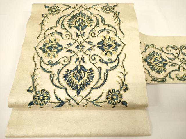 平和屋着物●アンティーク　九寸名古屋帯　総刺繍　更紗花文　大正ロマン　正絹　逸品　CAAY4090ak