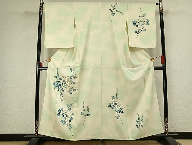 平和屋着物▽訪問着　単衣　駒刺繍　枝花文　暈し染め　金彩　正絹　逸品　AABB2278fy