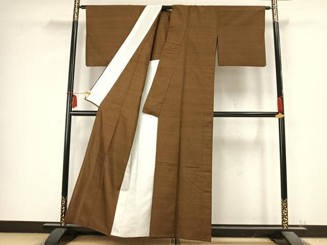 平和屋着物▽上質な紬 単衣 色無地 路考茶色 正絹 逸品 AABB2288fy