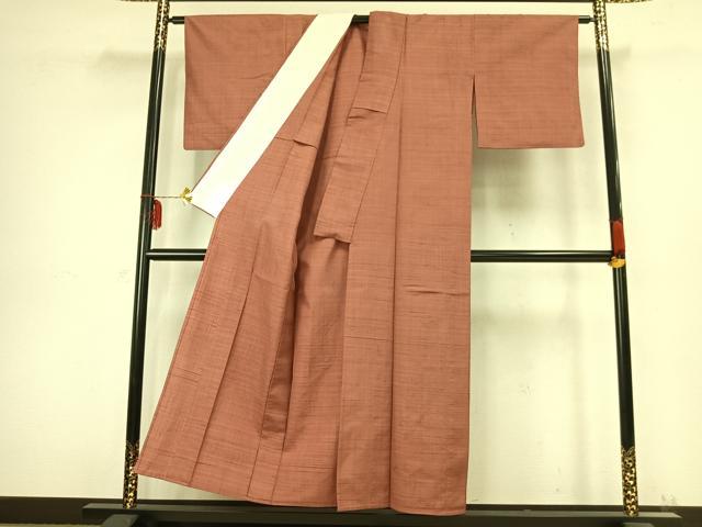 平和屋着物▽上質な紬 単衣 色無地 珊瑚朱色 正絹 逸品 AABB2318fy