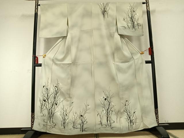 平和屋着物▽訪問着　単衣　手描き　枝葉文　暈し染め　正絹　逸品　AABC0241fy