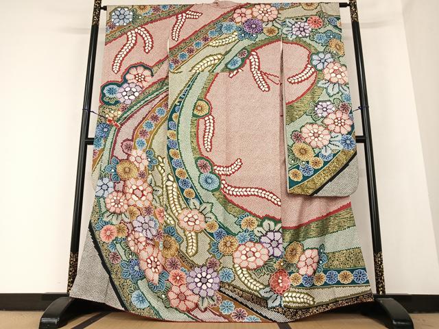 平和屋着物●豪華振袖　駒刺繍　舞花文　金彩　正絹　逸品　AABB6411zg