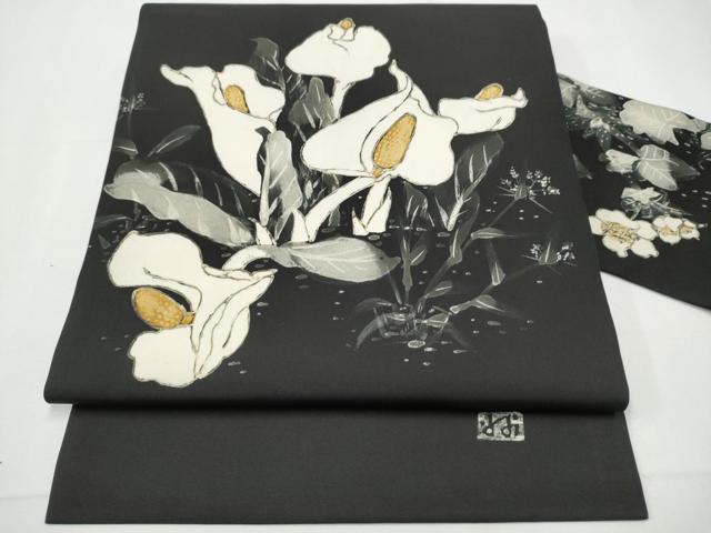 平和屋着物●塩瀬　九寸名古屋帯　作家物　手描き　ろうけつ染　胡蝶蘭　黒地　正絹　逸品　CAAY9843hy