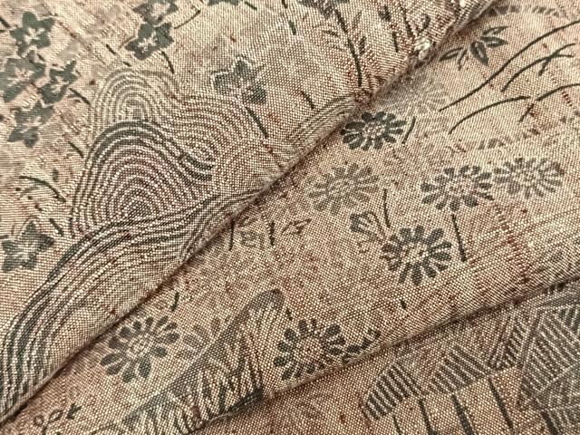 平和屋着物▽上質な紬　単衣　風景草花文　正絹　逸品　AABC0307fy