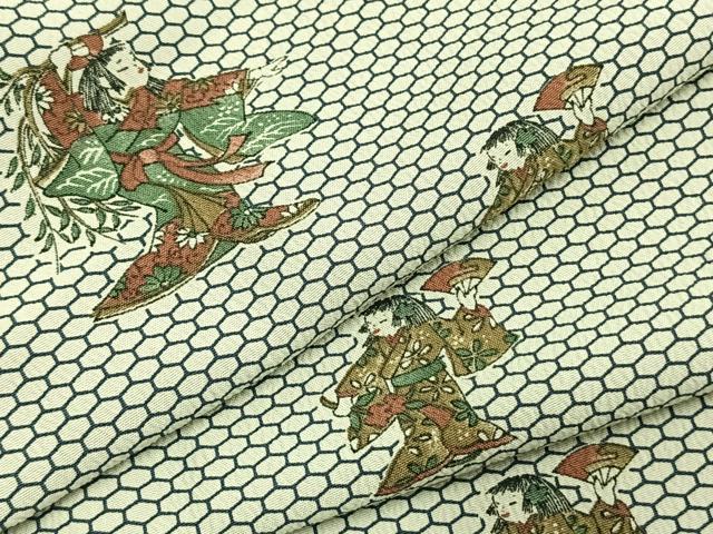 平和屋着物▽小紋　単衣　人物文　洗える着物　未使用　AABC0408fy