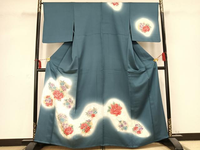 平和屋着物▽訪問着　単衣　草花文　暈し染め　正絹　逸品　AABC0566fy