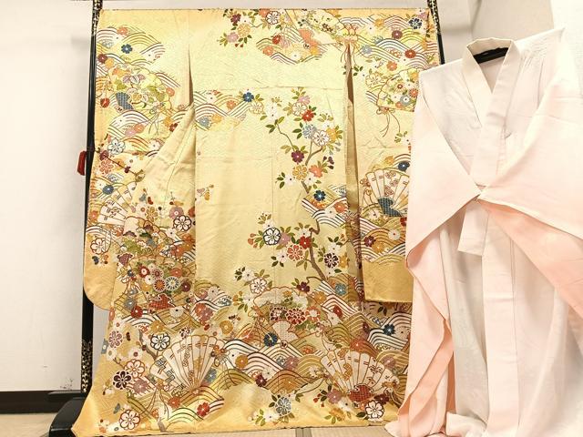 平和屋着物●豪華振袖・長襦袢(無双仕立て)セット　駒刺繍　檜扇花文　金彩　三越扱い　ロング丈　正絹　逸品　AABC3704ph