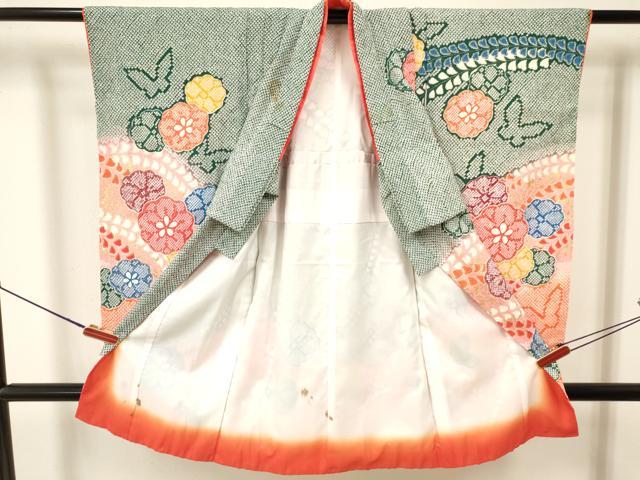 平和屋着物[]七五三　女の子　３歳　祝着　三つ身　花蝶文　暈し染め　金彩　洗える着物　DAAY3116ma_1