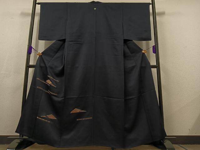 平和屋着物▽訪問着　単衣　駒刺繍　舞扇文　金糸　正絹　逸品　AABC7514jh