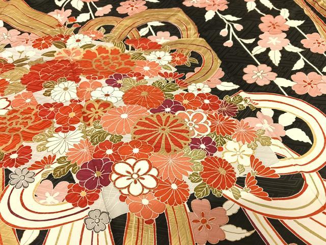 平和屋着物○豪華振袖 蔓帯花文 黒地 金彩 正絹 逸品 AABC0189zg