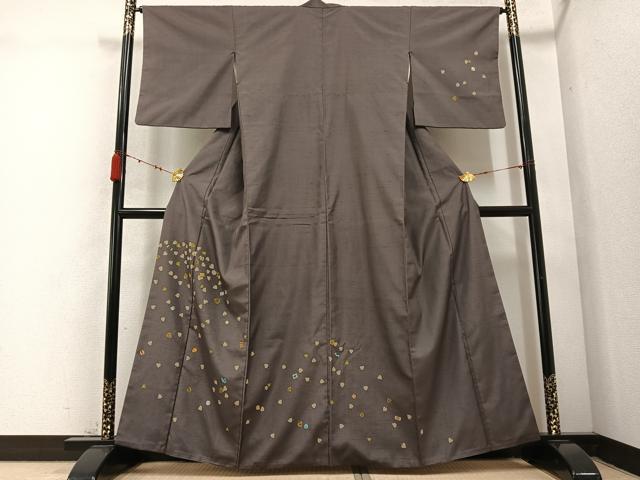 平和屋着物●訪問着　紬地　手描き　舞葉文　正絹　逸品　AABC6857ph