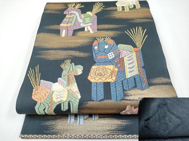 平和屋着物■極上　唐織・西陣の老舗・名門・藤原織物　六通柄袋帯　唐織　玩具文　金糸　藍鉄色地　逸品　未使用　CYAA3771s5