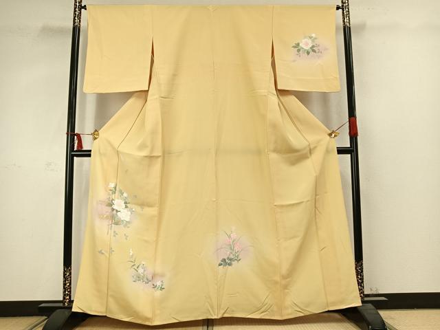 平和屋着物▽訪問着　単衣　草花文　暈し染め　金彩　正絹　逸品　AABC3773fy