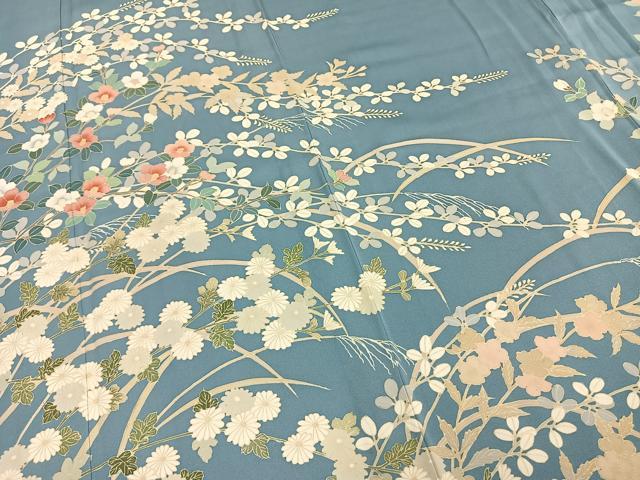 平和屋着物▽訪問着 単衣 草花文 正絹 逸品 AABC3786fy