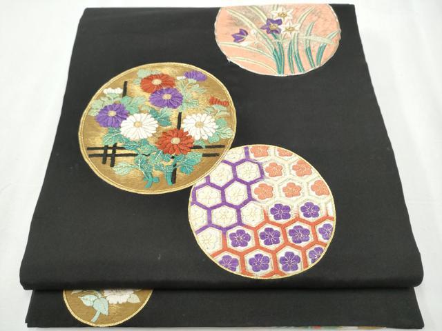 平和屋着物●塩瀬　九寸開き名古屋帯　総刺繍　駒刺繍　草花丸文　黒地　金糸　正絹　逸品　CAAZ4279hy