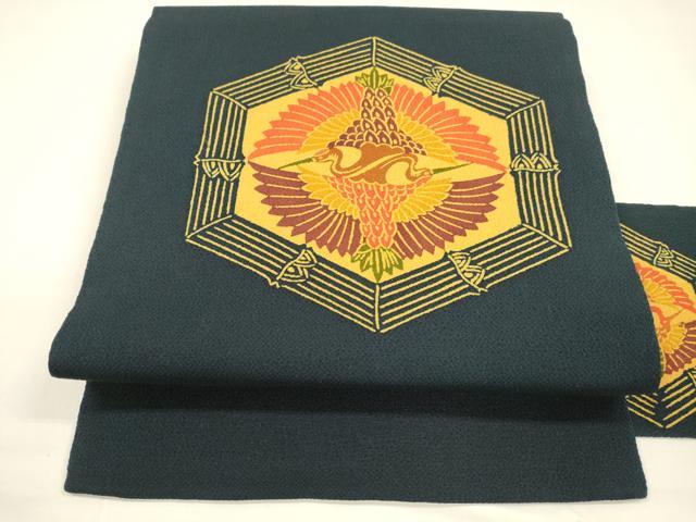 平和屋着物●九寸名古屋帯　型染　吉祥向かい鶴文　鬼しぼ縮緬　正絹　逸品　DAAY8241cm