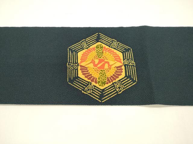 平和屋着物●九寸名古屋帯　型染　吉祥向かい鶴文　鬼しぼ縮緬　正絹　逸品　DAAY8241cm 平和屋着物○九寸名古屋帯 型染 吉祥向かい鶴文 鬼しぼ