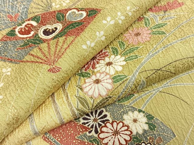 平和屋着物▽上質な小紋　単衣　扇面花文　金彩　正絹　逸品　AABC3862fy
