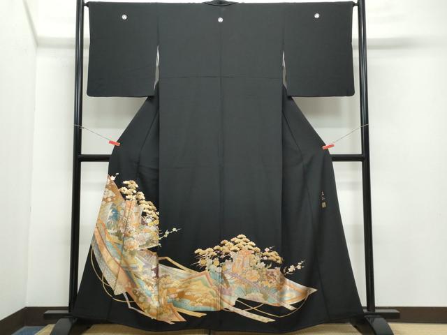 平和屋着物●金彩友禅　卓越技能者・名工・和田光正　黒留袖　御所車草花文　金銀彩　正絹　逸品　CAAZ8127vf