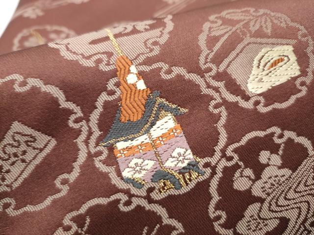 平和屋着物●九寸名古屋帯　唐織　雪輪兎花文　金糸　正絹　逸品　CABA0867hy