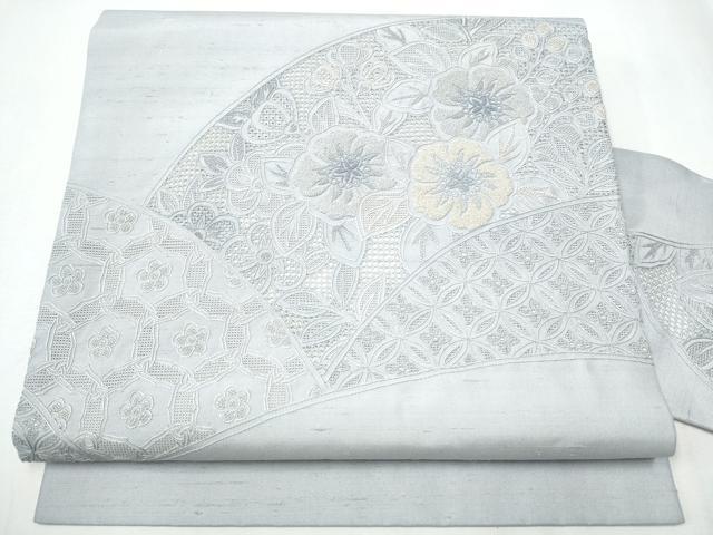 平和屋着物●中国三大刺繍　スワトウ相良刺繍　総刺繍　九寸名古屋帯　紬地　吉祥花文　暁鼠色　正絹　逸品　CABA0878hy