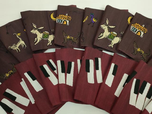 平和屋本店●極上　洛風林　工芸帯地　両面　半幅帯　ブレーメンの音楽隊　猫　犬　ロバ　鳥　ピアノ　逸品　DZAB1850kh6