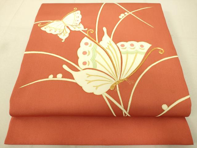 平和屋着物●塩瀬　九寸開き名古屋帯　駒刺繍　舞蝶文　金彩　正絹　逸品　DAAX8420du