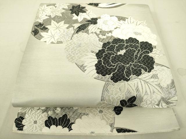 平和屋着物●六通柄袋帯　草花丸文　銀糸　正絹　逸品　DAAX8444du