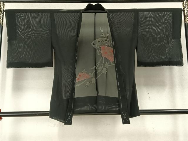 平和屋着物▽羽織　スリーシーズン　春夏秋　塵除け　扇面花文　黒地　正絹　逸品　未使用　AABD0147fy