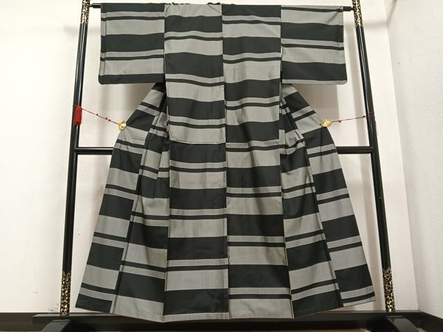 平和屋着物●上質な紬　横段文　正絹　逸品　AABD3421ph