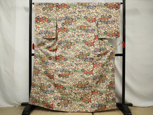 平和屋着物●上質な小紋　型染め　松皮菱孔雀花文　正絹　逸品　AABC2182gw