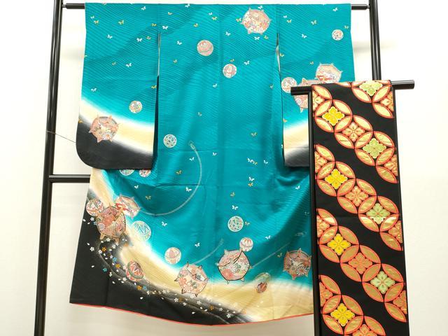 平和屋着物[]七五三　女の子　７歳　祝着　四つ身　袋帯セット　駒刺繍　糸車鞠舞蝶花文　暈し染め　金銀彩　逸品　CAAZ7027ze