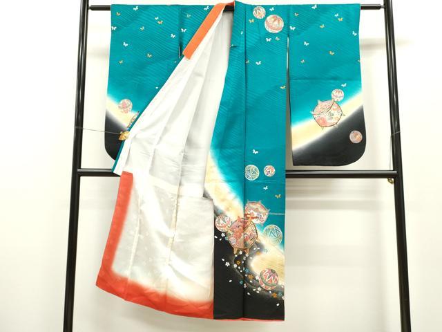 平和屋着物[]七五三　女の子　７歳　祝着　四つ身　袋帯セット　駒刺繍　糸車鞠舞蝶花文　暈し染め　金銀彩　逸品　CAAZ7027ze_1