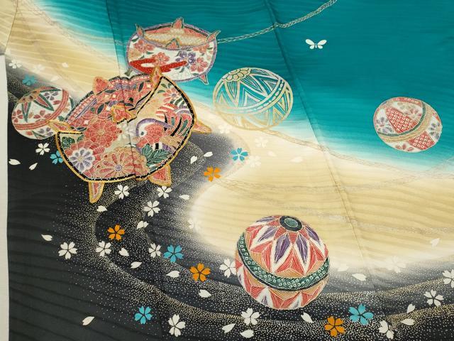 平和屋着物[]七五三　女の子　７歳　祝着　四つ身　袋帯セット　駒刺繍　糸車鞠舞蝶花文　暈し染め　金銀彩　逸品　CAAZ7027ze_2