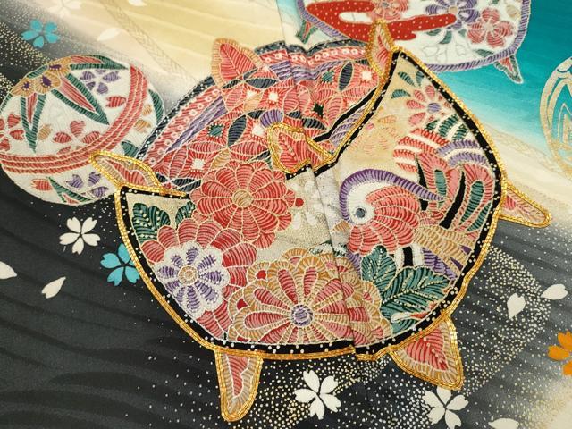 平和屋着物[]七五三　女の子　７歳　祝着　四つ身　袋帯セット　駒刺繍　糸車鞠舞蝶花文　暈し染め　金銀彩　逸品　CAAZ7027ze_3