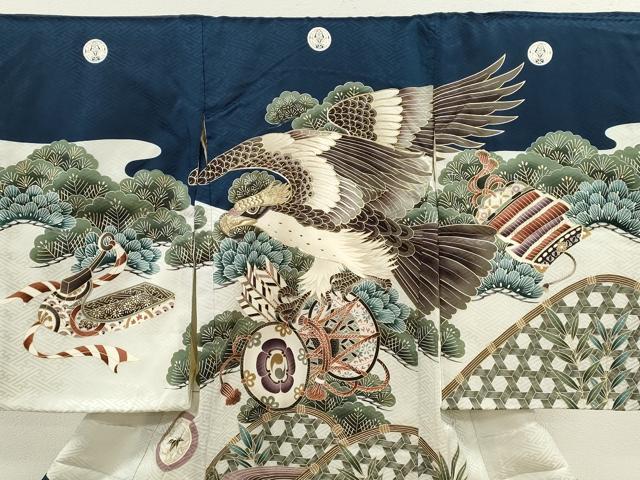 平和屋着物[]お宮参り　男の子　祝着　産着　初着　のしめ　駒刺繍　鷹　鼓吉祥松文　逸品　CAAZ7046ze