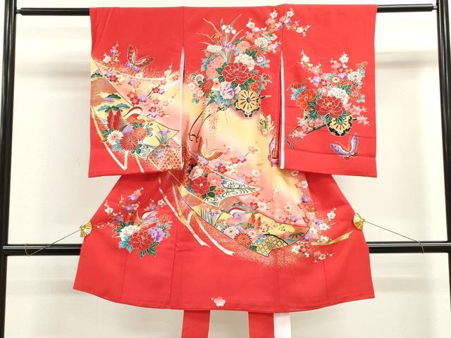 御所車に枝垂れ桜・蝶模様子供着物（内袖・長襦袢） 御所車に枝垂れ桜