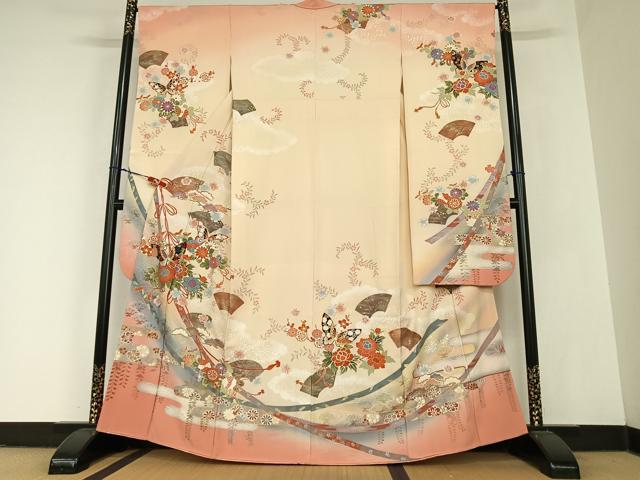 平和屋着物●豪華振袖　結び紐花蝶文　暈し染め　金彩　正絹　逸品　AABC5130zg